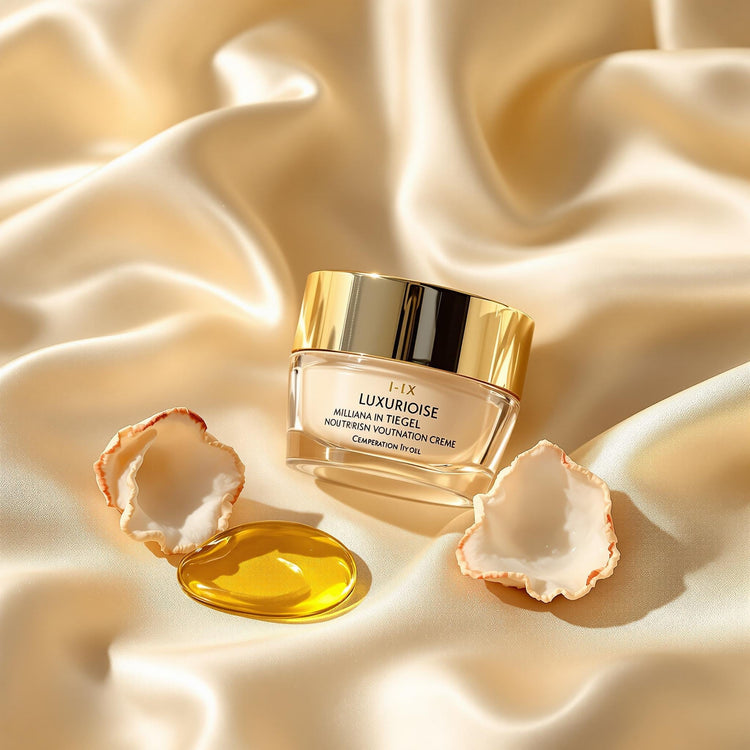 Luxuriöse Feuchtigkeitscreme in einem gläsernen Tiegel mit goldenen Akzenten, auf cremefarbenem Satin präsentiert, begleitet von Sheanüssen und einem Tropfen goldenem Öl, mit warmem, diffusem Licht für eine elegante und hochwertige Ästhetik.