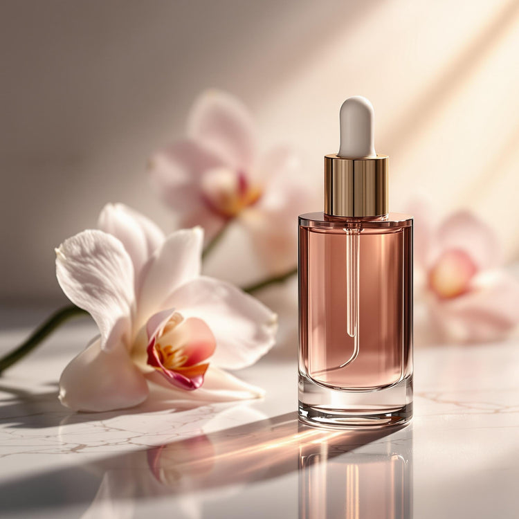 Luxuriöses Anti-Aging-Serum mit Pipettenflasche auf Marmor, umgeben von Orchideen und goldenem Schimmer