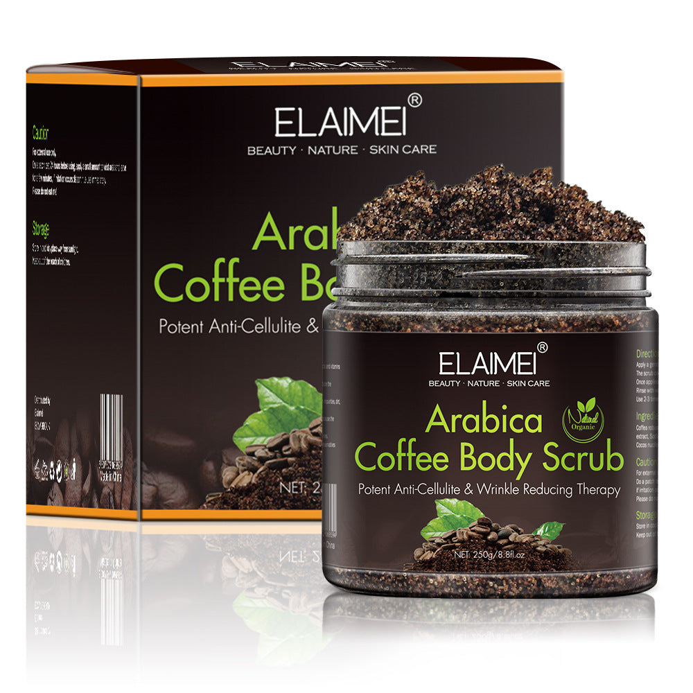 Arabica Coffee Body Scrub im Vordergrund, Verpackung im Hintergrund.