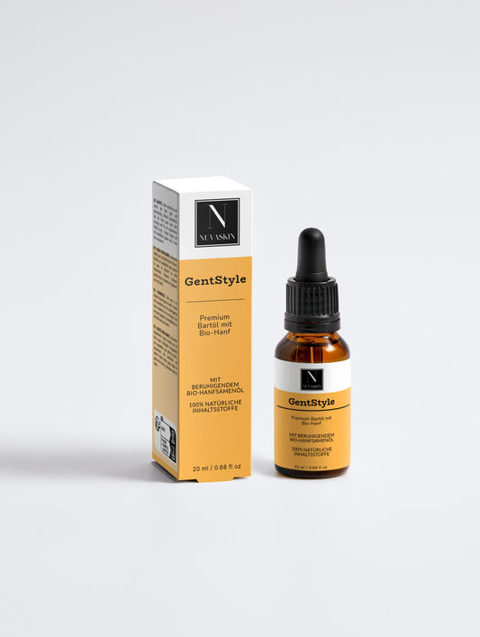 GentStyle Bio Bartöl 20ml Premium Bartpflege Flasche Produktfoto nachhaltige Verpackung Hanfsamenöl vegane Naturkosmetik Männerpflege