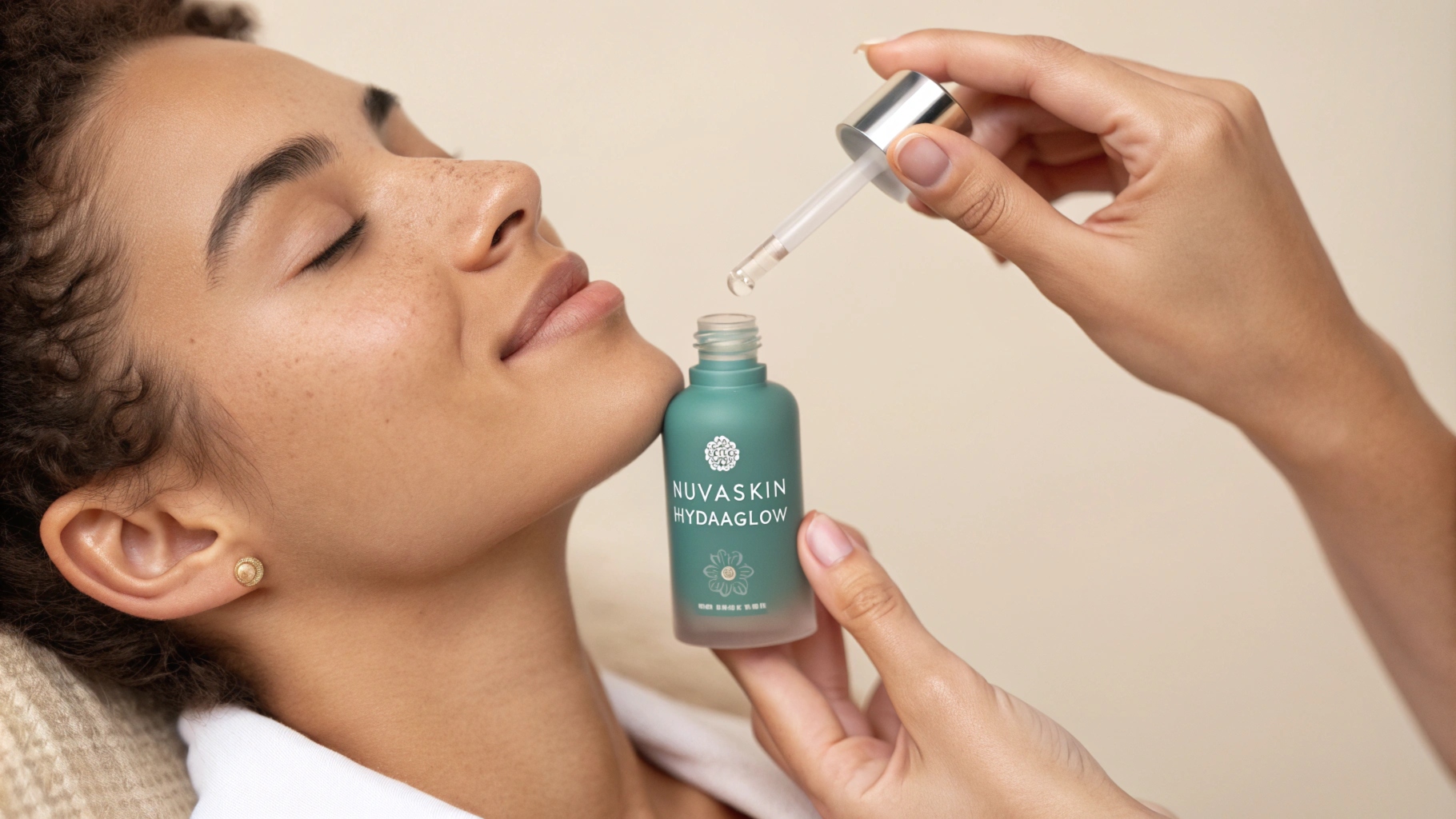 Person Applying NUVASKIN HydraGlow Hydrating Serum on Sensitive Skin