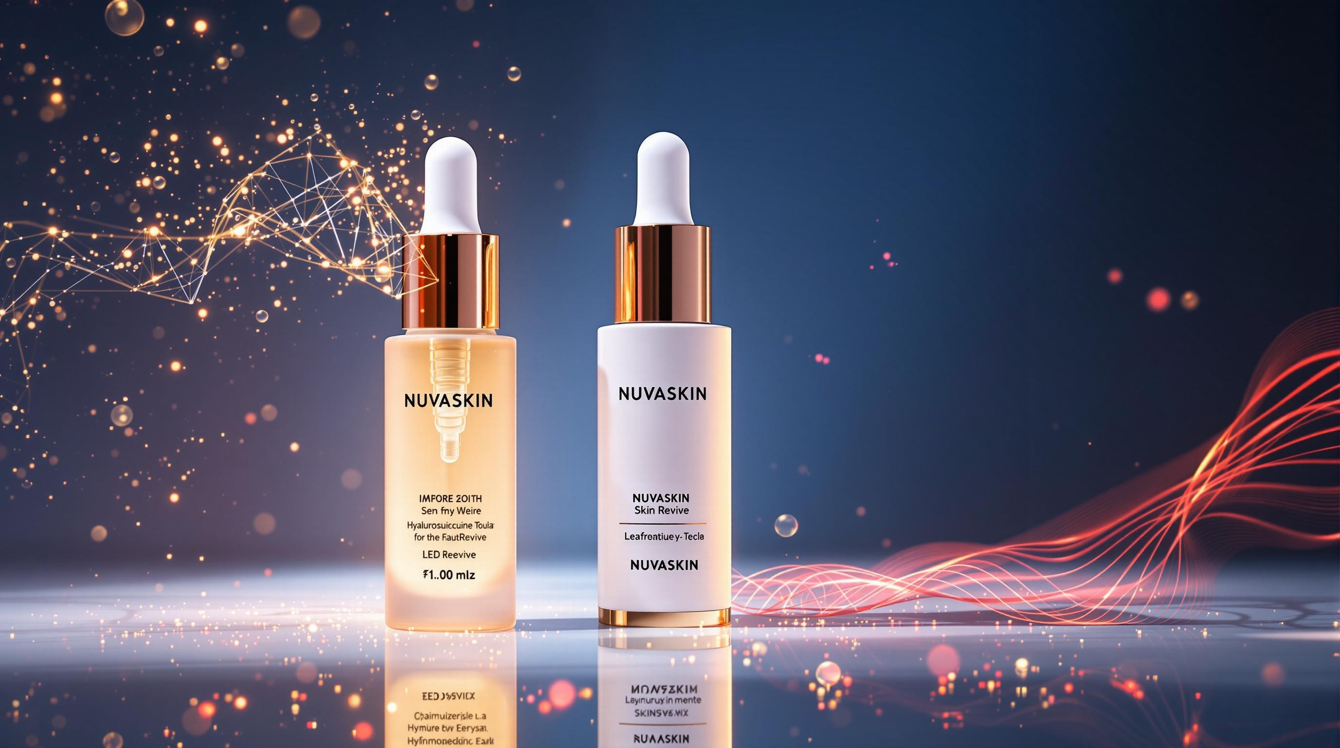 NUVASKIN SkinRevive – Innovatives LED-Gesichtsgerät für Hautverjüngung, kombiniert mit einem hochwertigen Serum. Das Bild zeigt die Synergie von moderner Beauty-Technologie und Pflegeprodukten für optimale Hautpflegeergebnisse