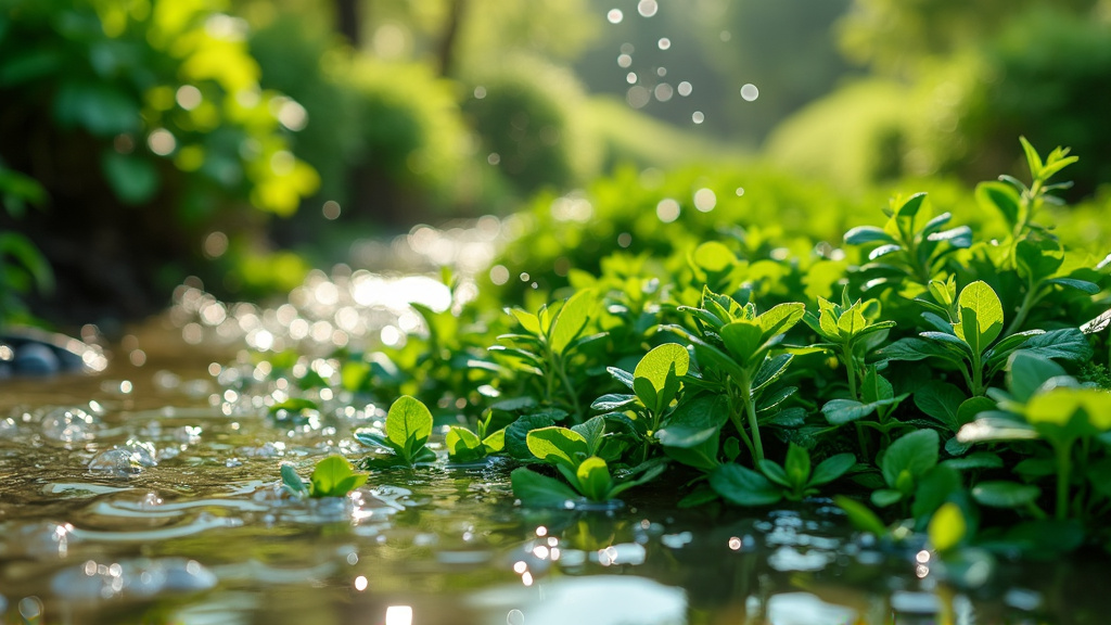 Frische grüne Pflanzen in einem klaren Bach, die reich an natürlichen Antioxidantien und feuchtigkeitsspendenden Eigenschaften sind. Ideal als botanische Inhaltsstoffe in hautberuhigenden Seren und Feuchtigkeitscremes, die die Haut hydratisieren und regen