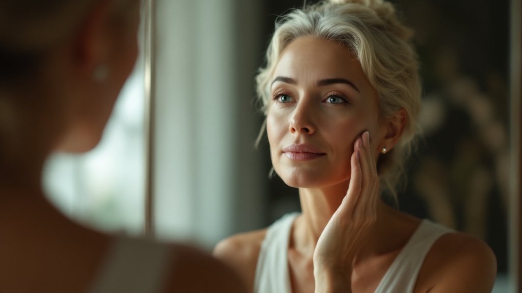 Woman in her 40s applying face serum in front of a mirror, representing anti-aging skincare routine.